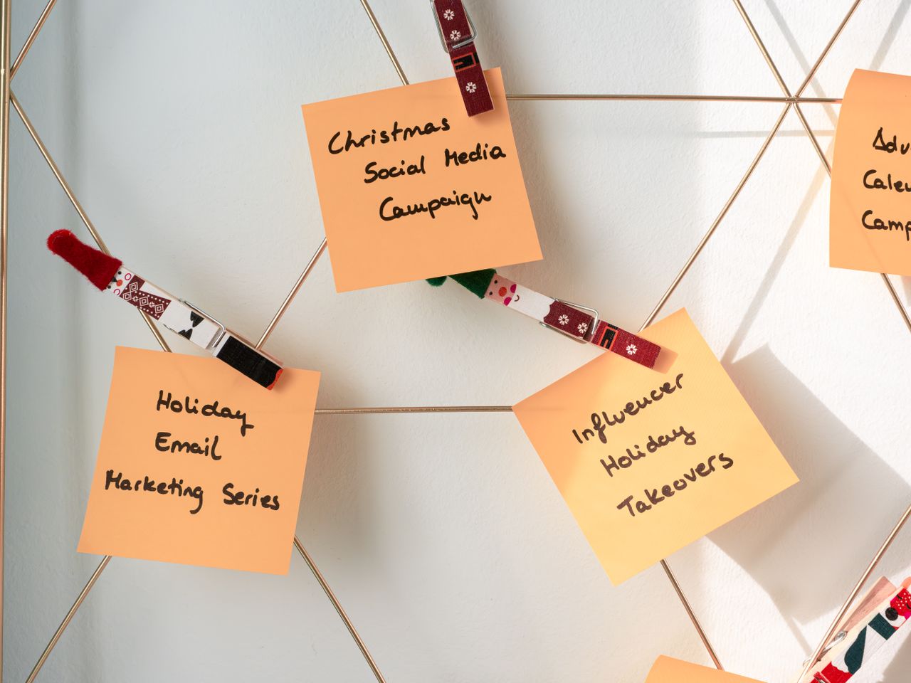 Sticky notes featuring holiday marketing ideas for Christmas social media and email campaigns.